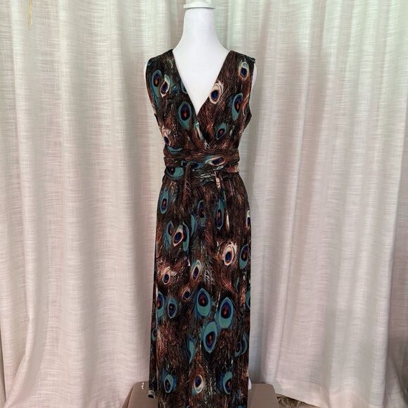 Kasper‎ Womens Sleeveless Maxi Dress Sz Small Peacock Tie Waist Stretch Wedding - Picture 2 of 16